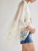 Lace V-Neck Ruffle Long Sleeve Cover-Up - Ladyez