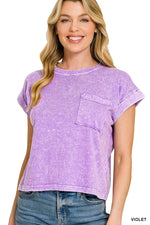 Zenana Halo Snow Washed Cotton Cuffed Short Sleeve Top