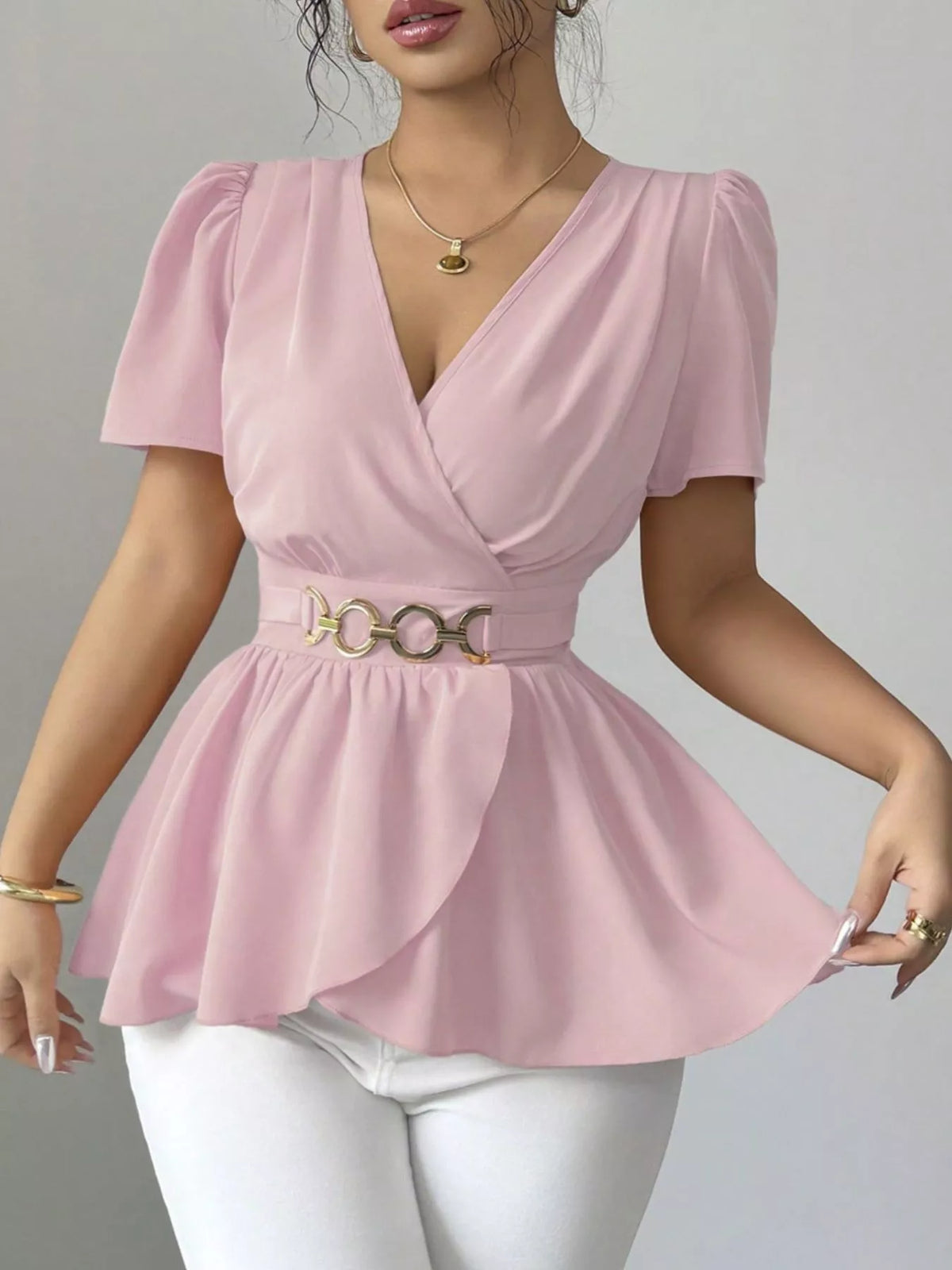Surplice Short Sleeve Blouse