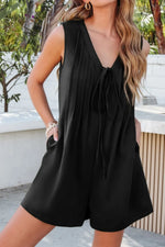 Tie V Neck Pintuck Sleeveless Loose Romper - Ladyez