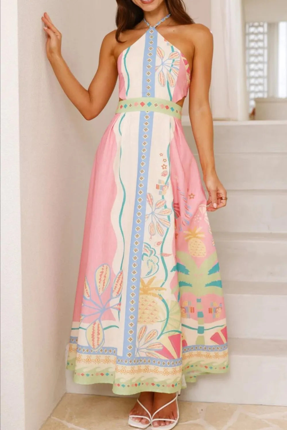 Printed Halter Neck Maxi Dress - Ladyez