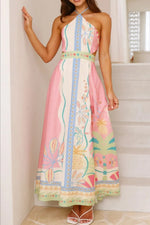 Printed Halter Neck Maxi Dress - Ladyez