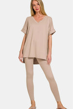 Zenana Full Size V-Neck Rolled Short Sleeve T-Shirt and Leggings Lounge Set - Ladyez