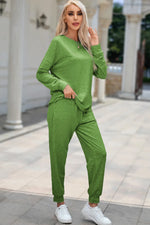 Round Neck Top and Drawstring Pants Lounge Set - Ladyez