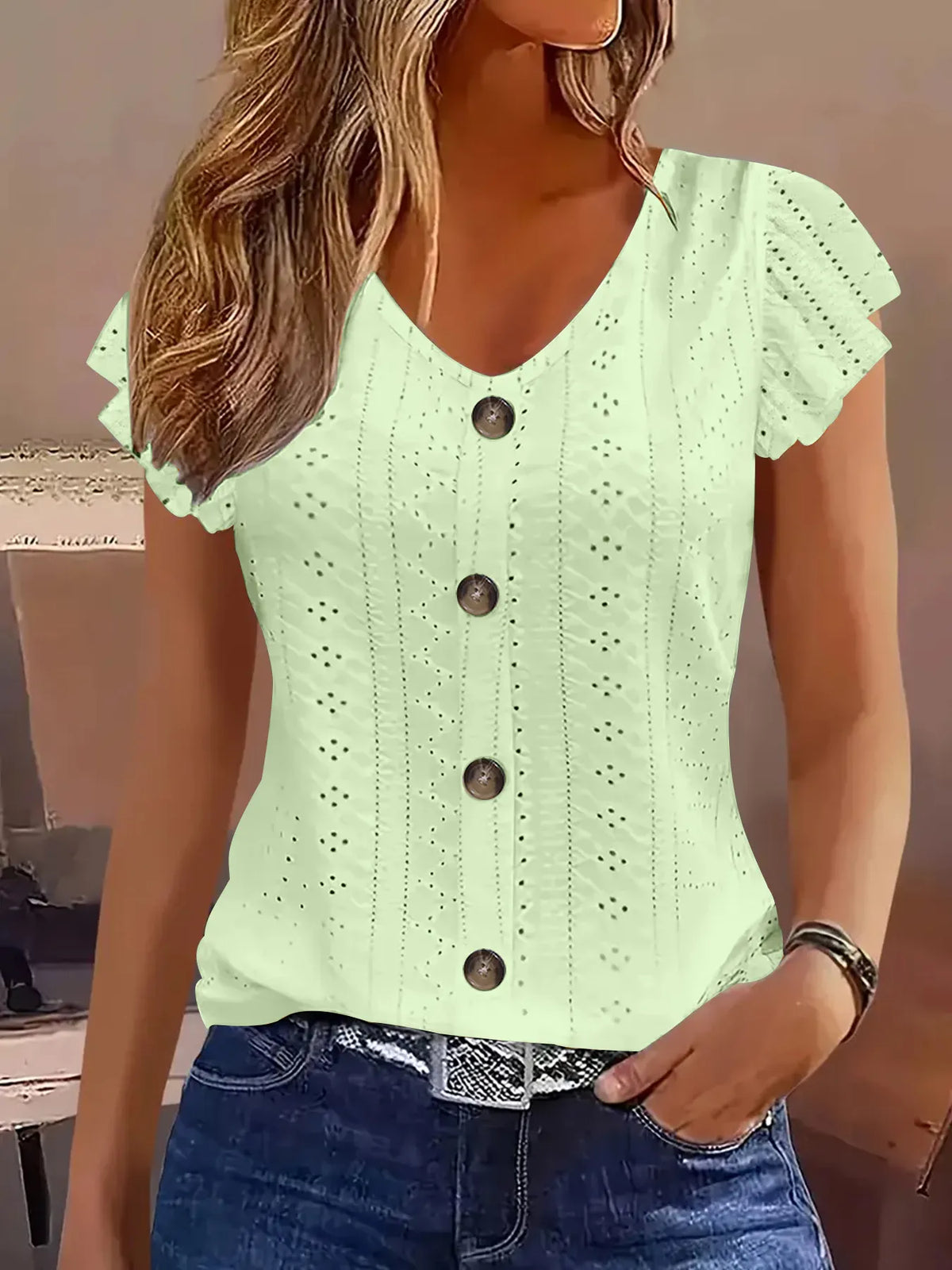 Eyelet Button-Front Flutter Sleeve Top - Ladyez