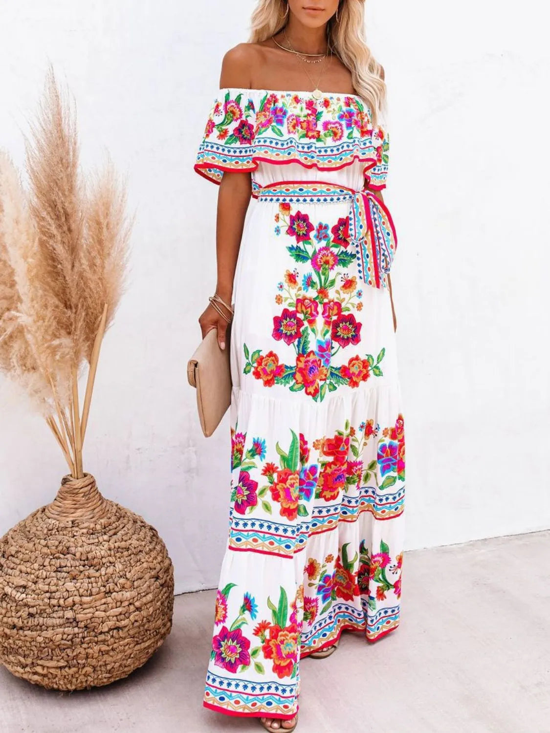 Floral Off Shoulder Ruffle Maxi Dress - Ladyez