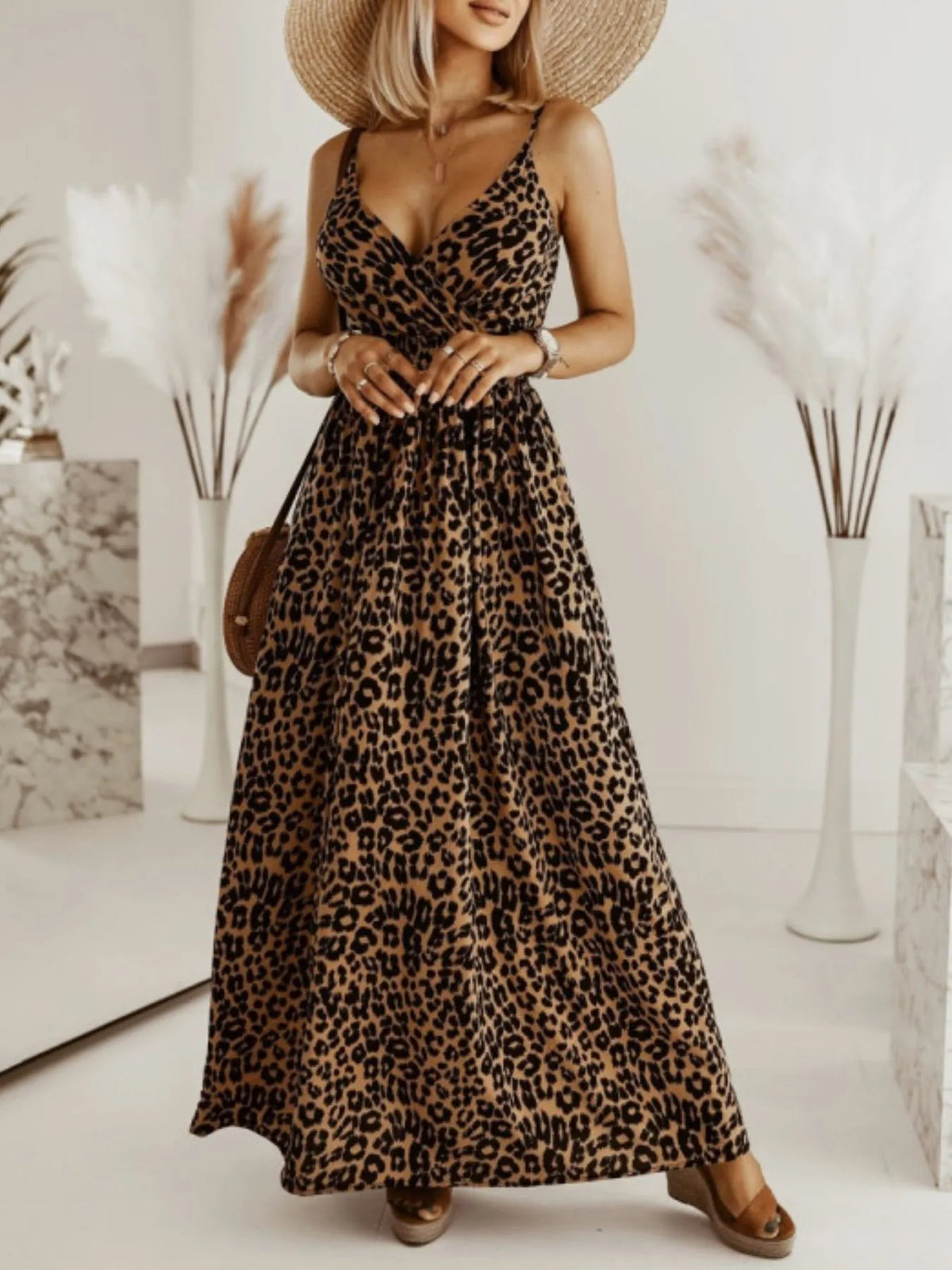 Leopard Print Spaghetti Strap Summer Maxi Dress