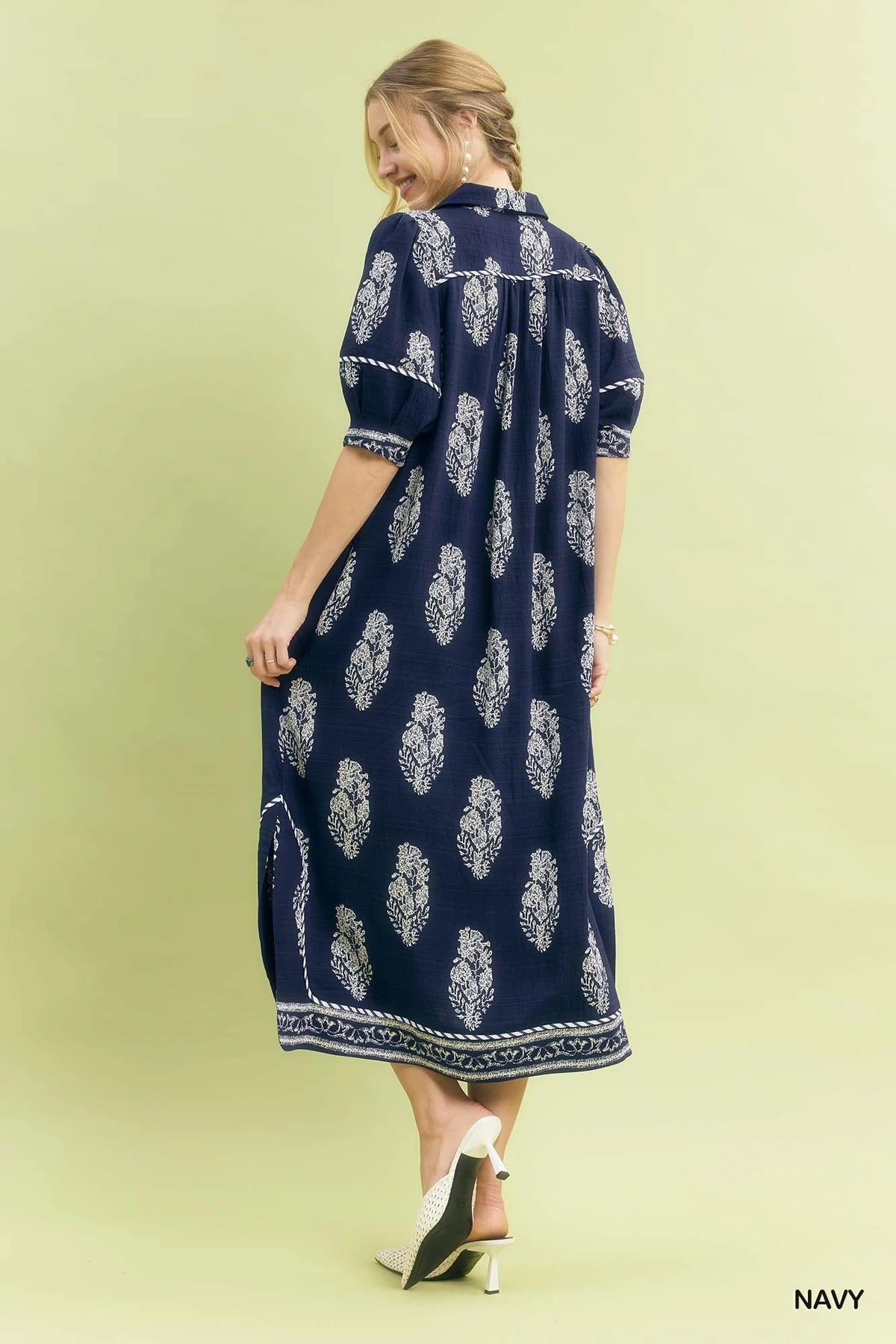 Umgee Border Print Collared Midi Dress