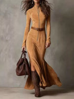 Full Size Slit Zip Front Long Sleeve Dress Plus Size