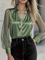 Satin Button Up Sheer Sleeve Shirt