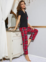 Heart Graphic V-Neck Top and Plaid Pants Lounge Set - Ladyez