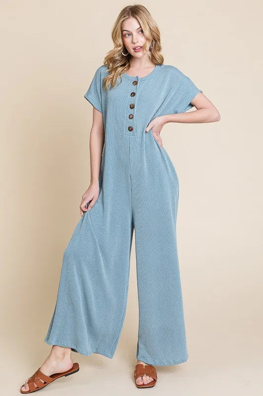 BOMBOM Rib Knit Jumpsuit with Button Detail - Ladyez