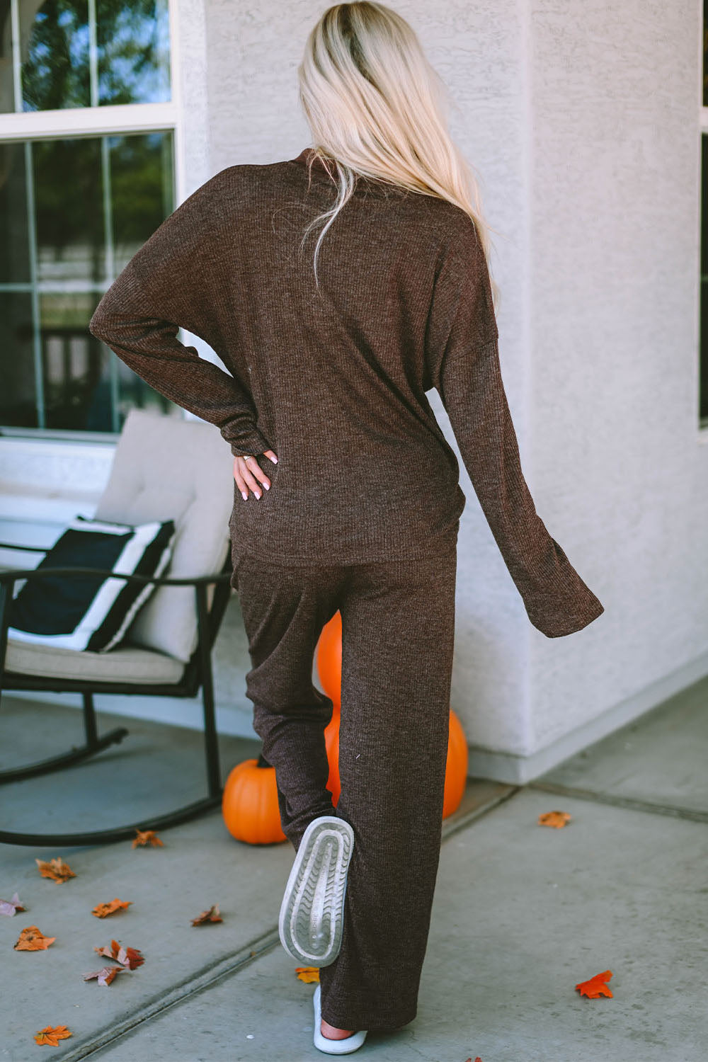 Buttoned Long Sleeve Top and Long Pants Lounge Set - Ladyez