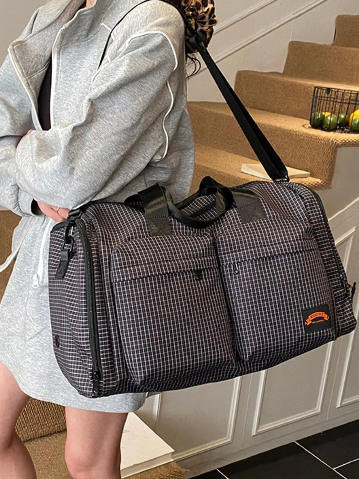 Plaid Duffel Bag with Multiple Pockets