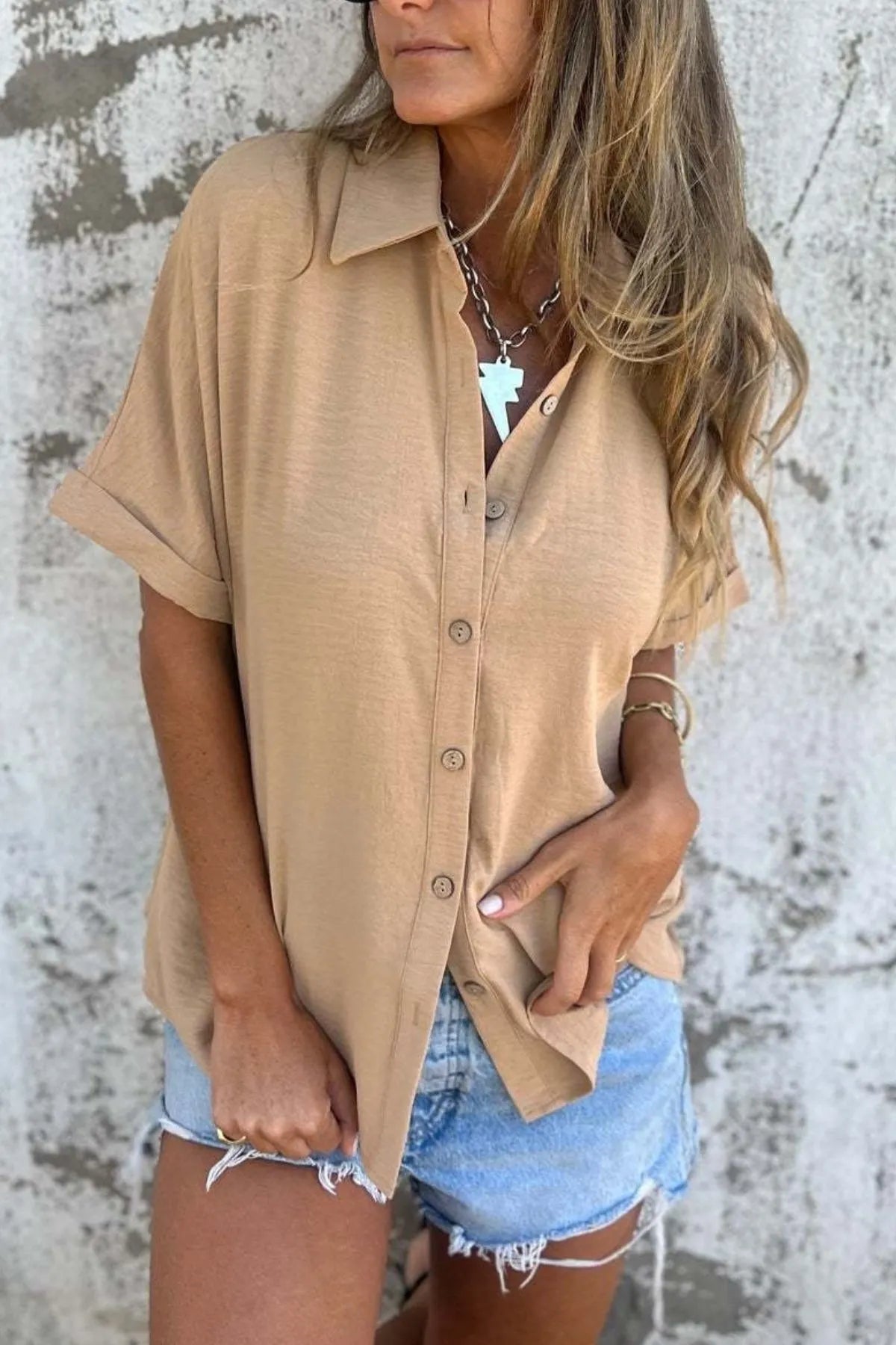 Full Size Casual Button Down Short Sleeve Loose Shirt Plus Size - Ladyez
