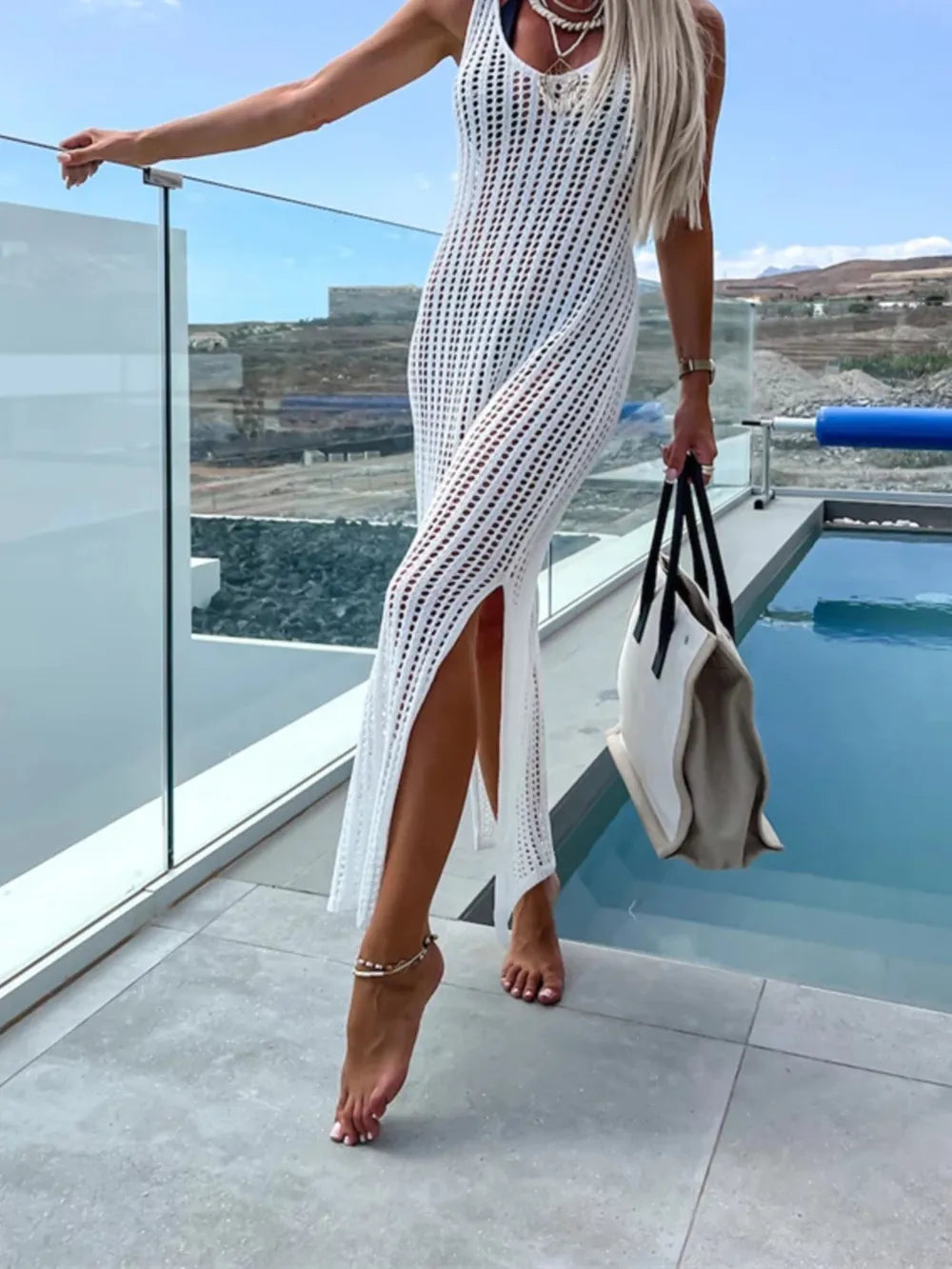Openwork Slit Cutout Wide Strap Dress - Ladyez