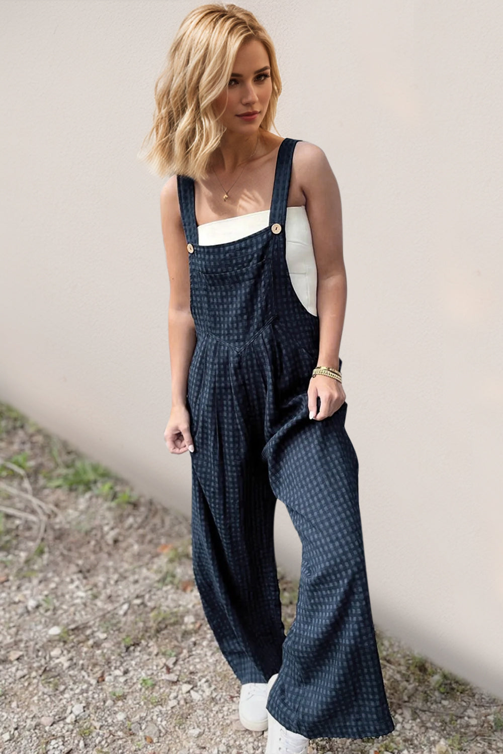 Oh Full Size Plaid Wide Leg Overalls with Pockets - Ladyez