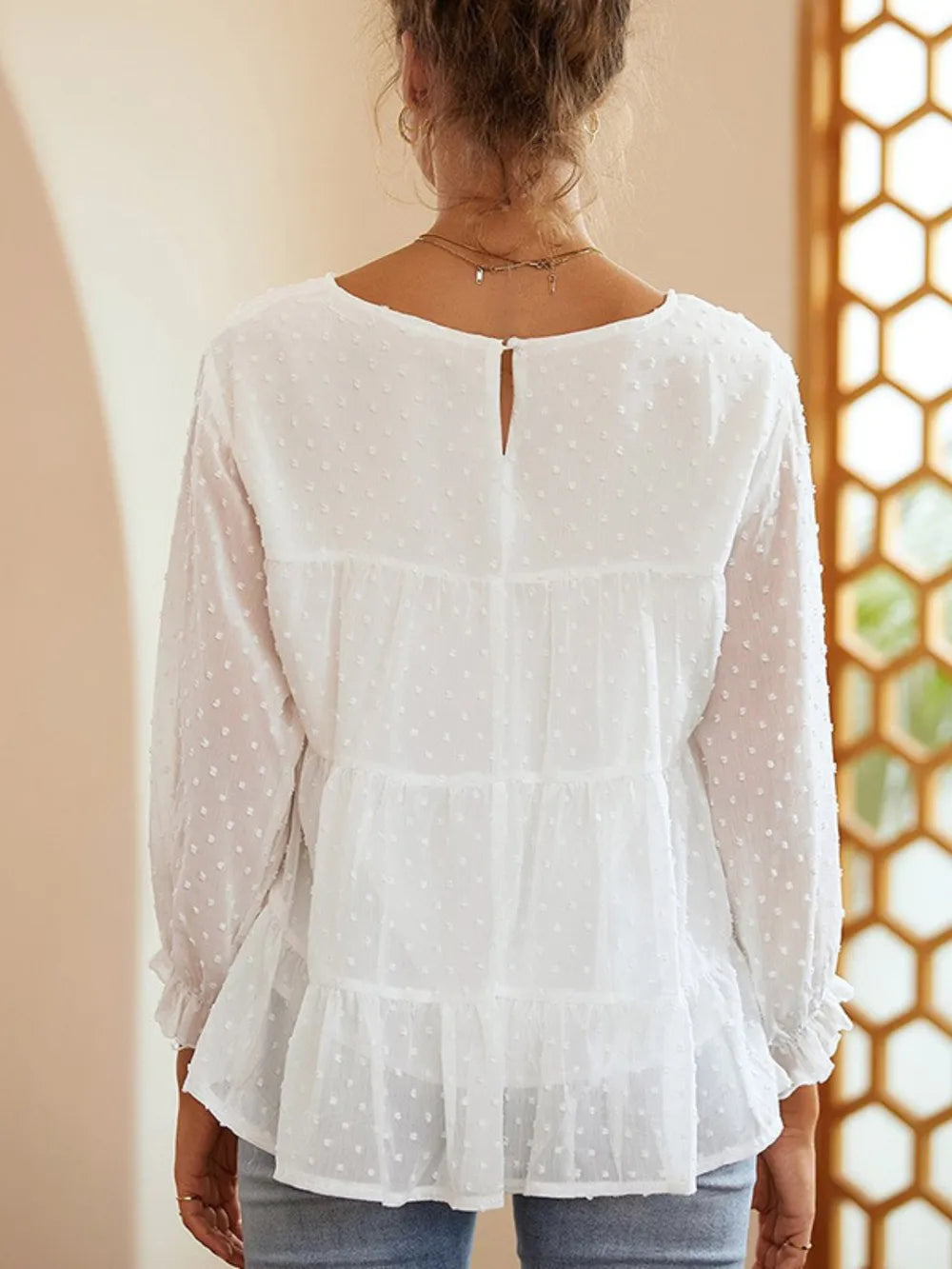 Swiss Dot Ruffled Round Neck Long Sleeve Blouse