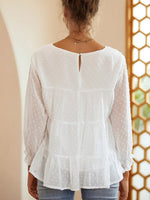 Swiss Dot Ruffled Round Neck Long Sleeve Blouse