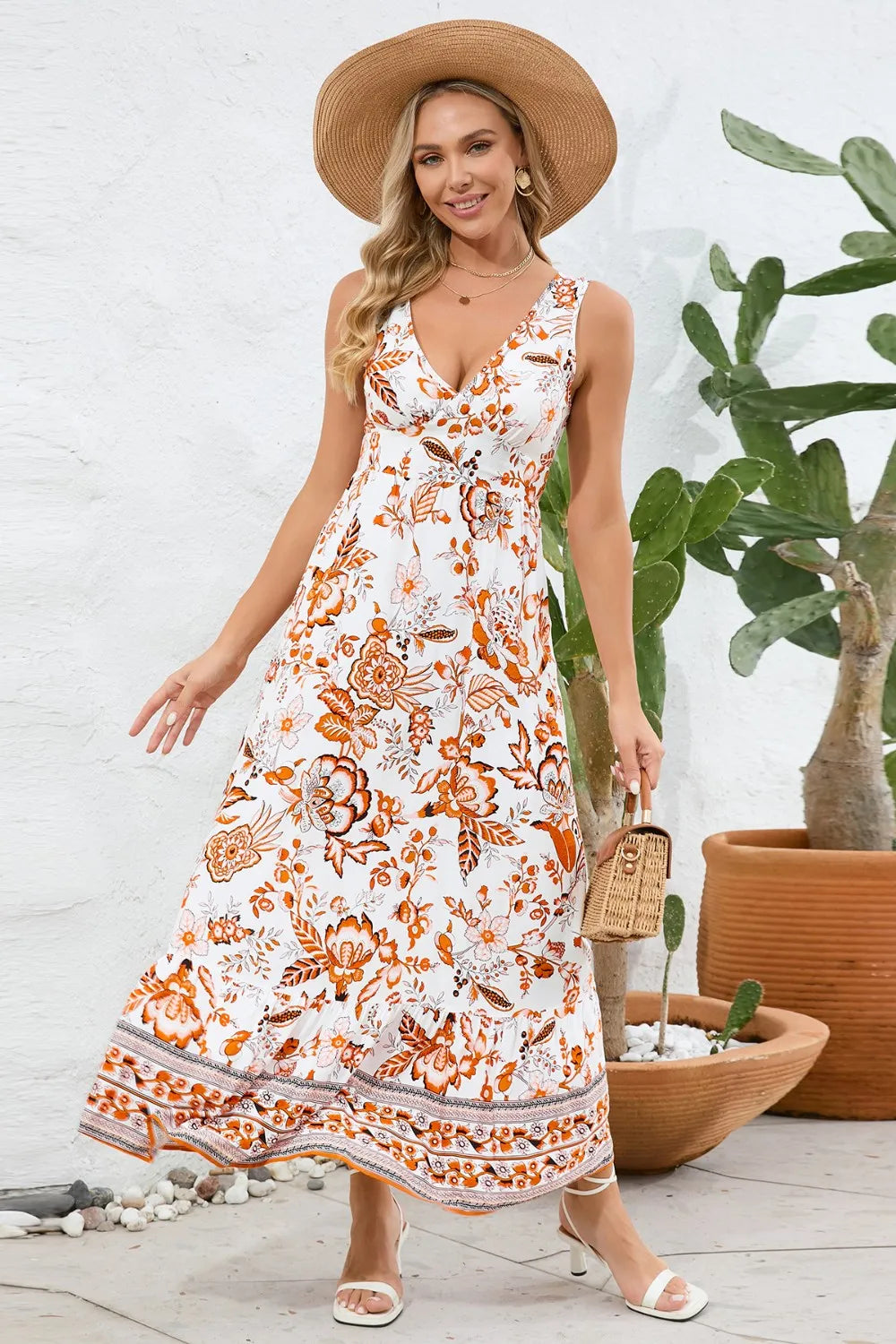 Printed V-Neck Wide Strap Dress - Ladyez