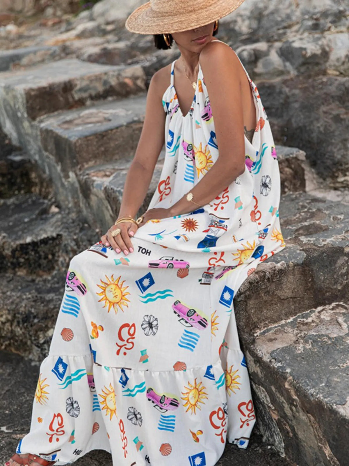 Printed V-neck Summer Maxi Dress - Ladyez
