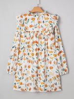 Floral Print Tie Neck Frilled Detail Long Sleeve Mini Dress