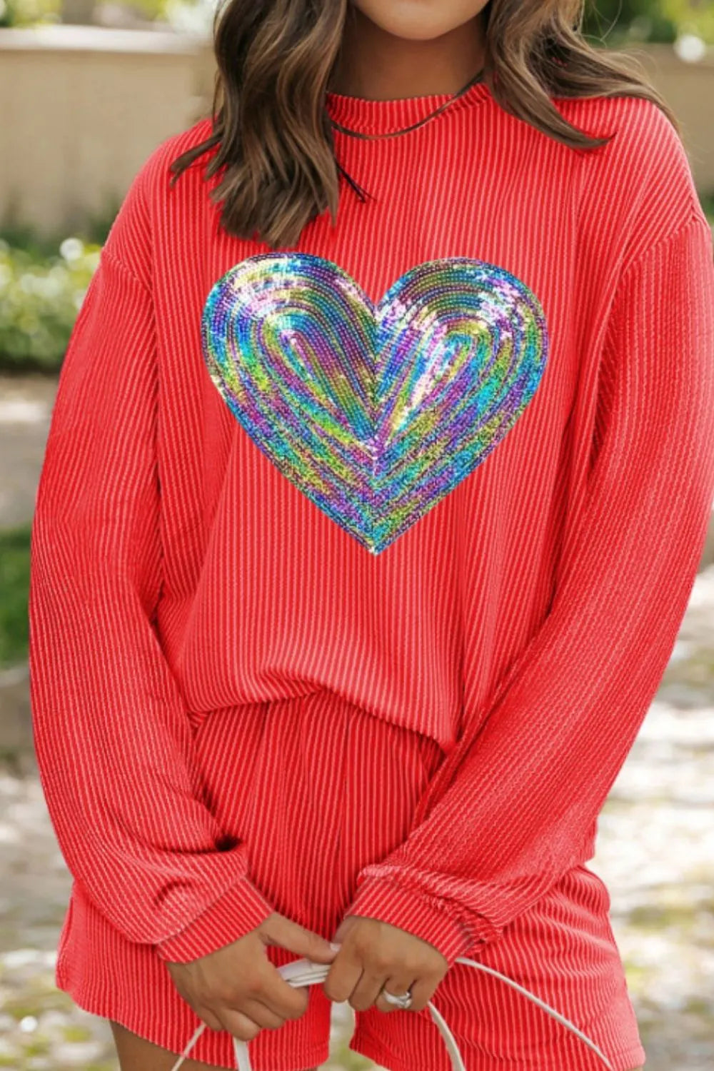Sequin Heart Round Neck Long Sleeve Top and ShortsSet