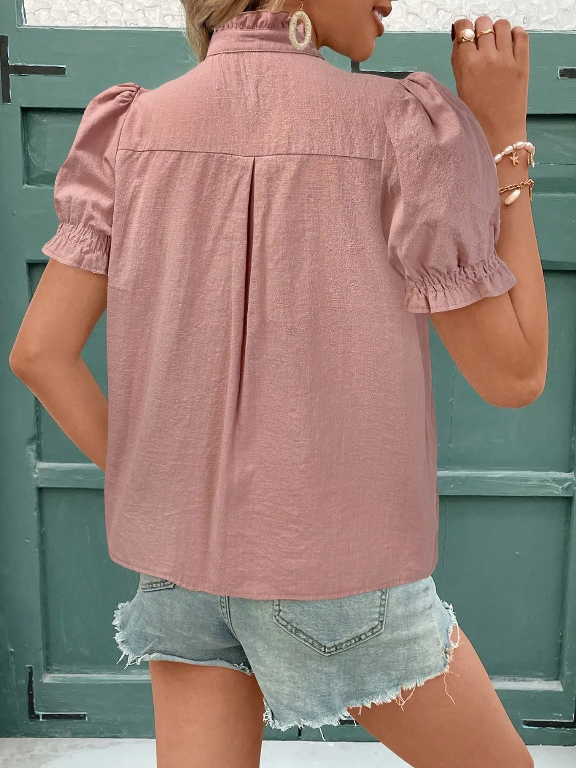 Embroidered Frill Notched Short Sleeve Blouse - Ladyez