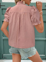 Embroidered Frill Notched Short Sleeve Blouse - Ladyez
