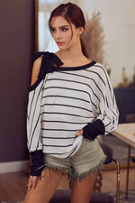 BiBi Stripe Yarn Dye Waffle One Shoulder Ribbon Detail Top