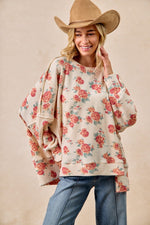 BiBi Floral Print Oversized Waffle Thermal Sweatshirt
