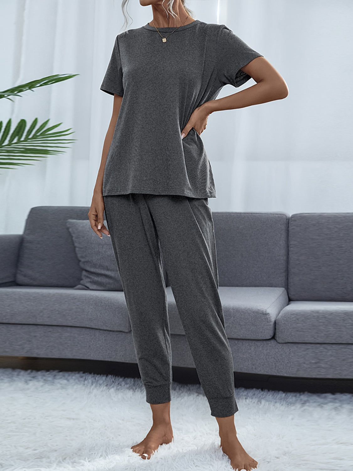 Shiny Round Neck Short Sleeve Top and Pants Set - Ladyez