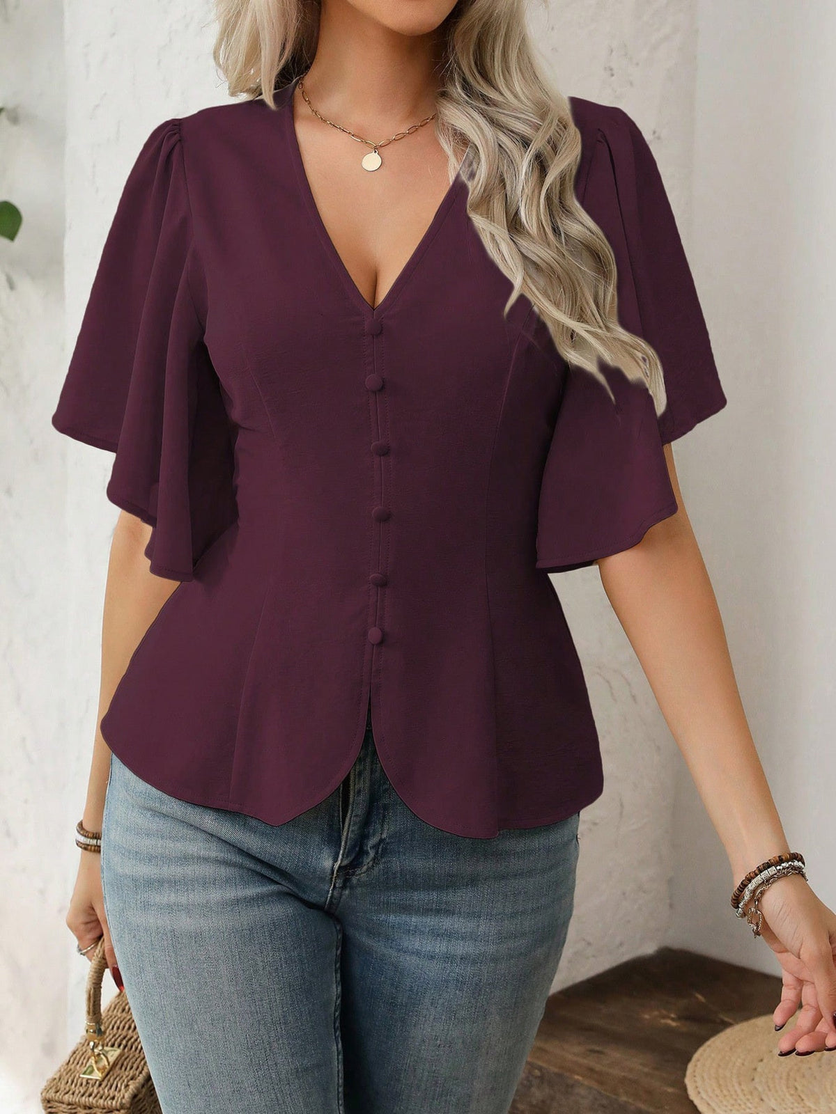 V-Neck Flutter Sleeve Blouse