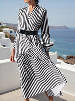 Striped Notched Long Sleeve Midi Dress