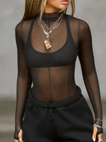 Mock Neck Long Sleeve Sheer Top - Ladyez