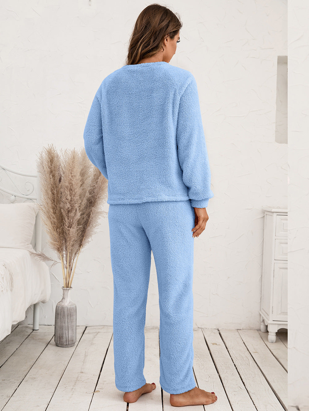 Ivy Lane Teddy Long Sleeve Top and Pants Lounge Set - Ladyez