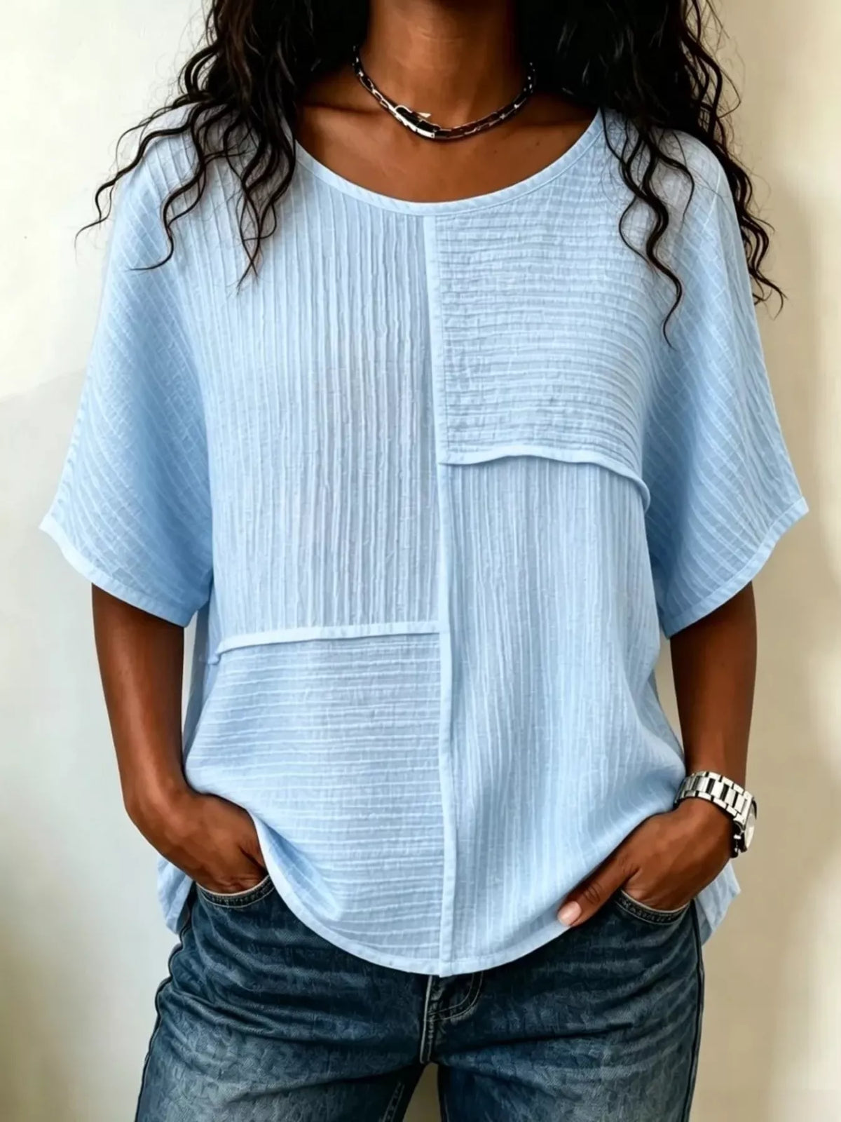 Full Size Texture Round Neck Half Sleeve Blouse Plus Size