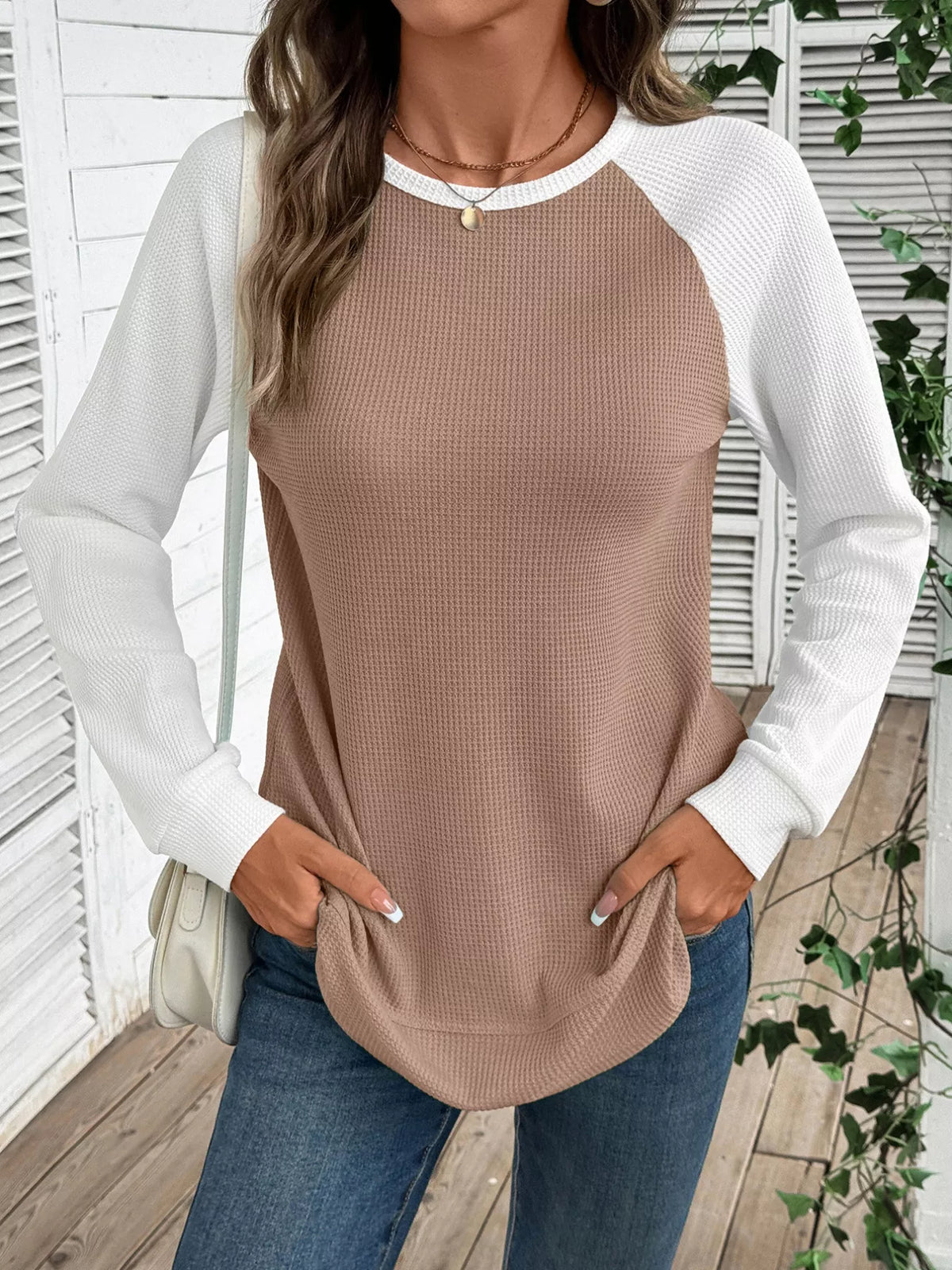Contrast Raglan Sleeve Waffle Knit T-Shirt