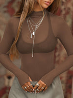 Mock Neck Long Sleeve Sheer Top - Ladyez