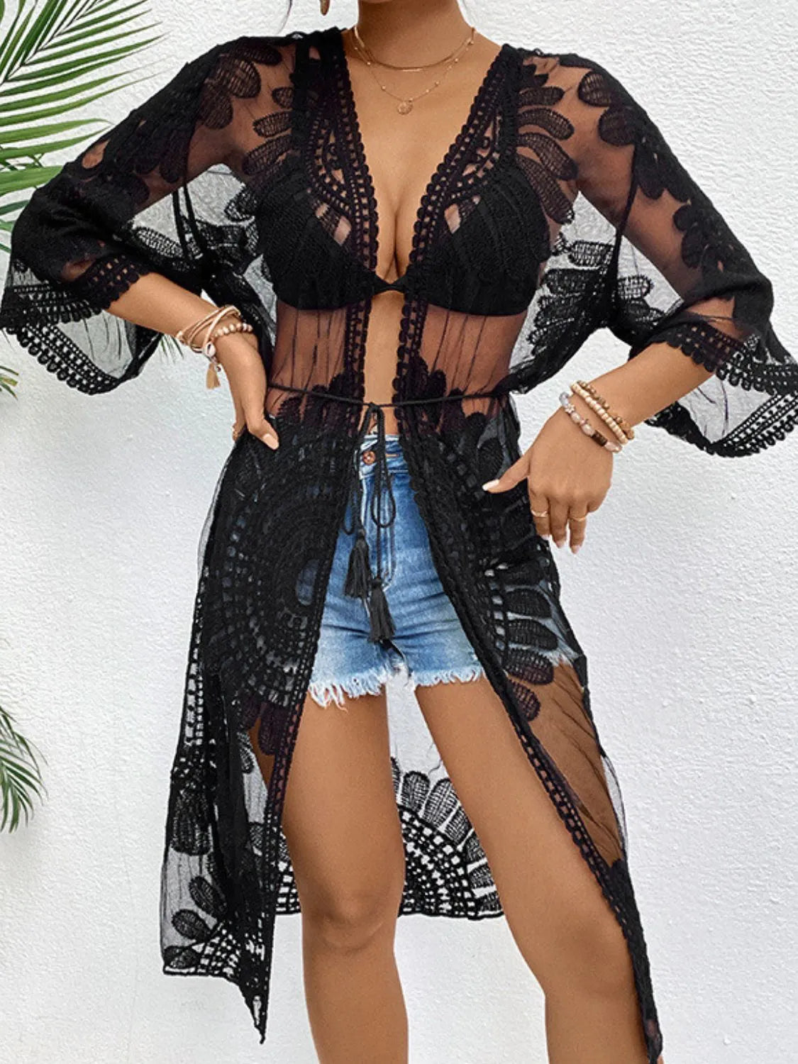 Lace Open Front Longline Cover-Up - Ladyez