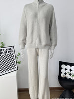 Casual Knit Zip-Up Cardigan and Wide-Leg Pants Set