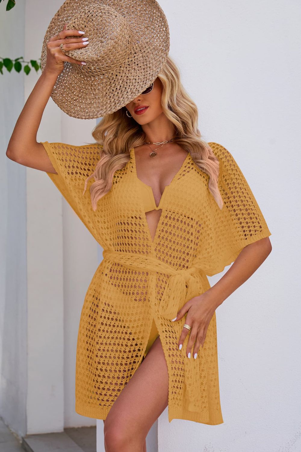 Openwork Tie Waist Cover Up - Ladyez