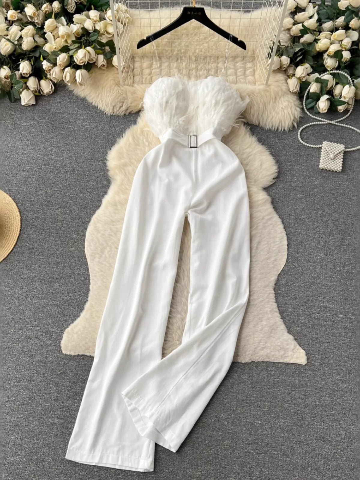Feather Trim Strapless Wide Leg Jumpsuit