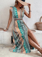 Boho Print Ruffle Sleeve Slit Dress