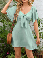 Smocked Back Knotted Flutter Sleeve Dress - Ladyez
