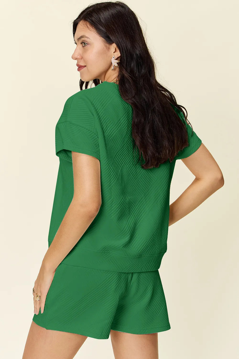 Double Take Full Size Texture Short Sleeve T-Shirt and Drawstring Shorts Set - Ladyez