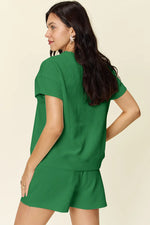 Double Take Full Size Texture Short Sleeve T-Shirt and Drawstring Shorts Set - Ladyez