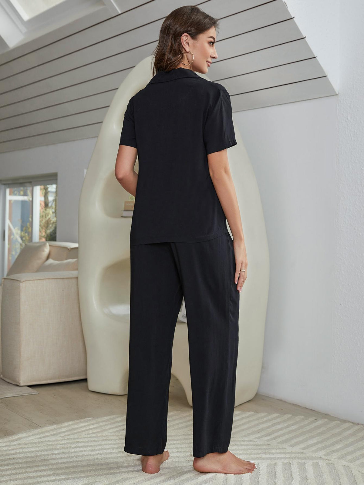 Short Sleeve Shirt, Bralette, and Pants Lounge Set - Ladyez