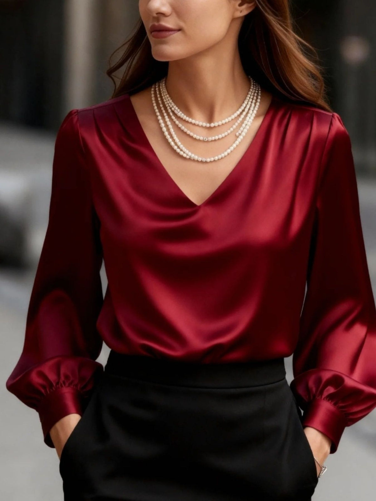 Satin V-Neck Long Sleeve Blouse