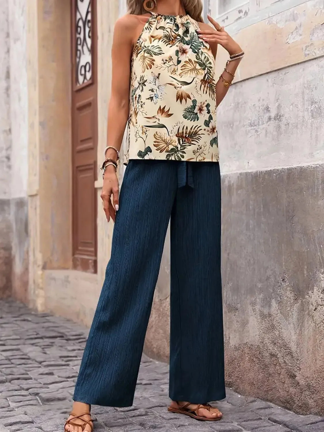 Printed Tank Top and Wide Leg Pants Set - Ladyez
